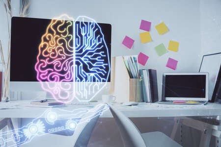 Double exposure of brain drawing and office interior background. Concept of data technology.の写真素材