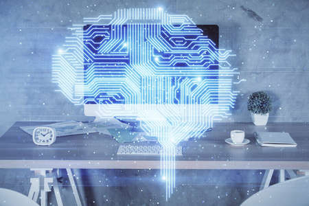 Multi exposure of brain drawing and office interior background. Concept of data technology.