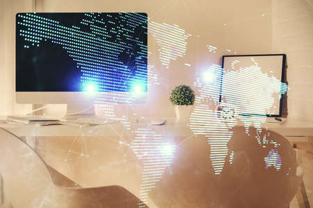 Double exposure of social network theme drawing and office interior background. Concept of web.の写真素材