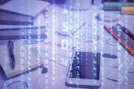 Double exposure of data theme drawing and mobile phone background. Concept of innovationの写真素材