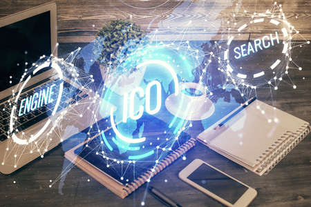 Double exposure of blockchain theme drawing and cell phone background. Concept of cryptomarketの写真素材