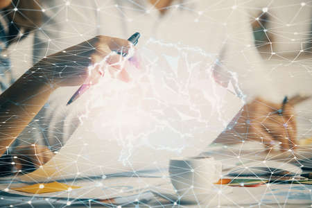 Double exposure of brain drawing over people taking notes background. Concept of Aiの写真素材