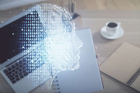 Multi exposure of woman hands working on computer and human brain hologram drawing. Ai tech concept.