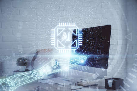 Double exposure of data theme drawing and office interior background. Concept of technology.
