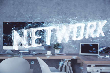 Multi exposure of data theme drawing and office interior background. Concept of technology.の写真素材