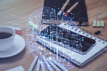 Double exposure of brain theme drawing and cell phone background. Concept of information