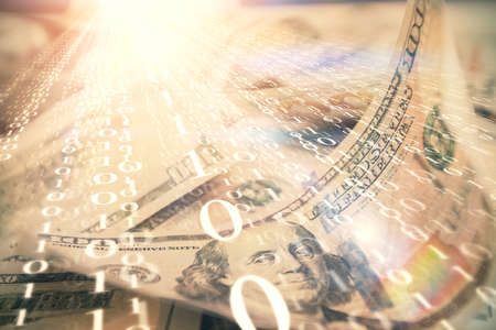 Double exposure of data theme drawing over us dollars bill background. Technology concept.の写真素材
