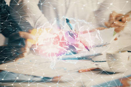 Double exposure of brain drawing over people taking notes background. Concept of Ai