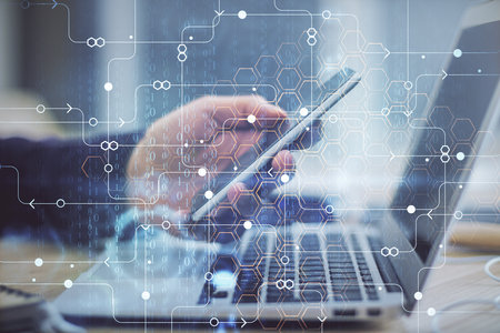 Multi exposure of man's hands holding and using a digital device and data theme drawing. Innovation...