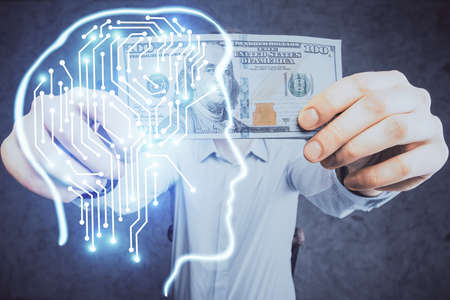 Multi exposure of brain drawing hologram and us dollars bills and man hands. Ai invest conceptの写真素材