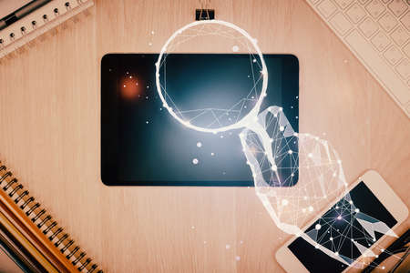 Multi exposure of creative drawing over table with phone. Top view. Concept of startup.の写真素材