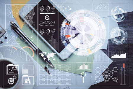 Double exposure of technology theme drawing over work table desktop. Top view. Global data analysis...