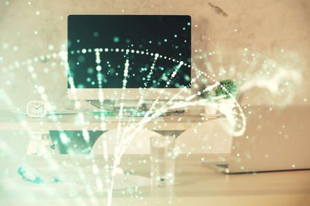 Double exposure of dna drawing and office interior background. Concept of science.の写真素材