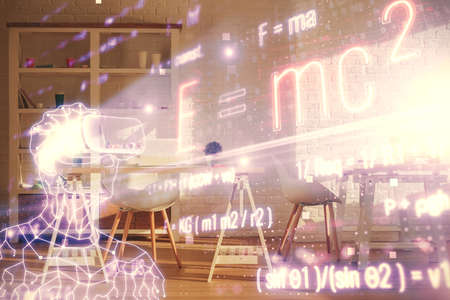 Double exposure of formulas drawing and office interior background. Concept of education.の写真素材