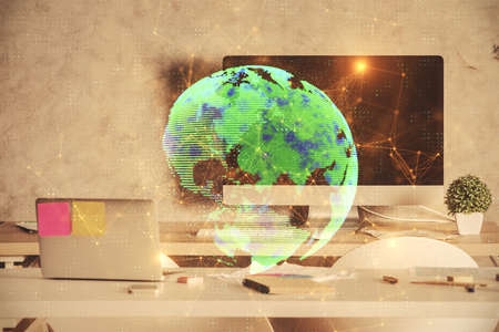 Double exposure of social network theme drawing and office interior background. Concept of web.