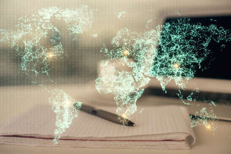 Double exposure of social network theme drawings and desk with open notebook background. Concept of people connectionの写真素材