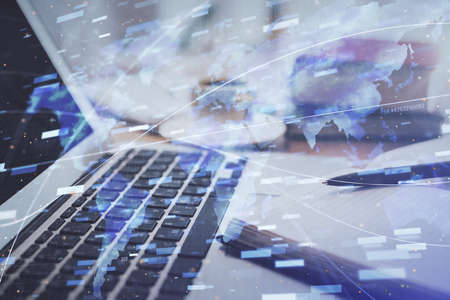 Double exposure of technology theme drawing and desktop with coffee and items on table background....