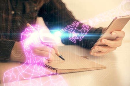 Double exposure of man in vr glasses sketch hologram and woman holding and using a mobile device.