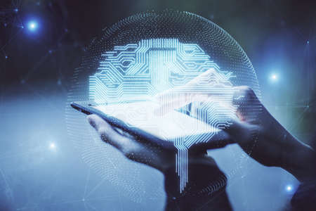 Double exposure of brain sketch hologram and woman holding and using a mobile device.の写真素材