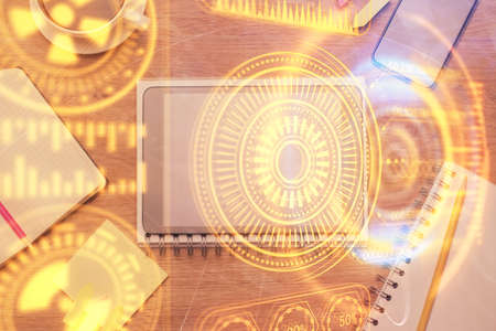 Multi exposure of technology theme drawing over table with phone. Top view. Concept of hightech.