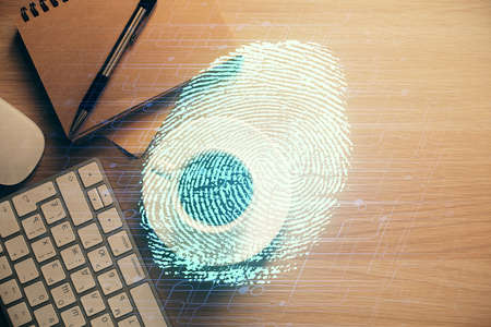 Double exposure of finger print drawing and work table top veiw. Concept of security.の写真素材