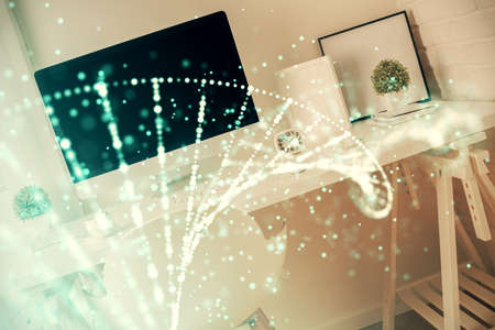Double exposure of dna drawing and office interior background. Concept of science.