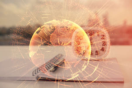 Double exposure of social network theme drawings and desk with open notebook background. Concept of...