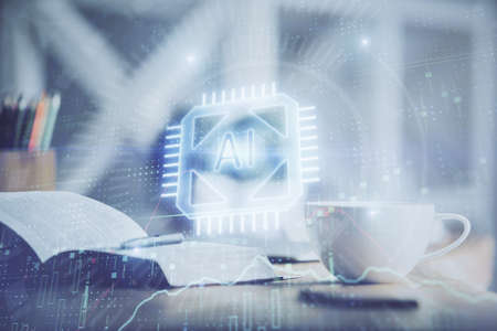 Multi exposure of technology theme drawing and desktop with coffee and items on table background....