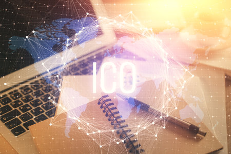 Double exposure of crypto technology drawing and desktop with coffee and items on table background. Concept of blockchainの写真素材