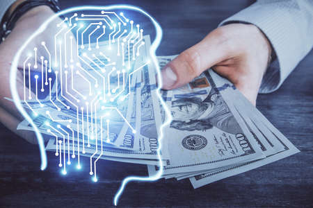 Multi exposure of brain drawing hologram and us dollars bills and man hands. Ai invest conceptの写真素材