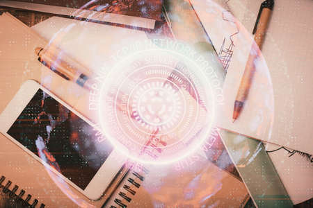 Multi exposure of technology theme drawing over table with phone. Top view. Concept of hightech.