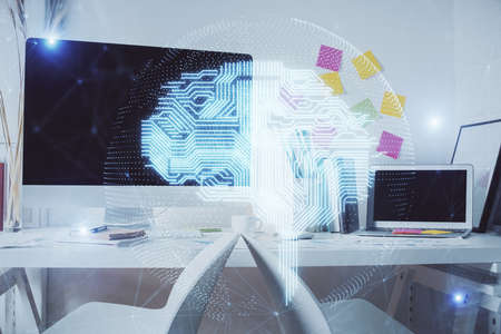 Double exposure of brain drawing and office interior background. Concept of data technology.の写真素材