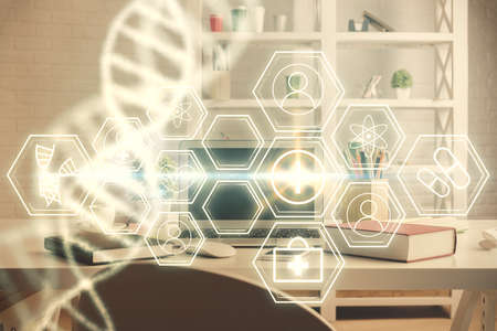 Double exposure of dna drawing and office interior background. Concept of science.の写真素材