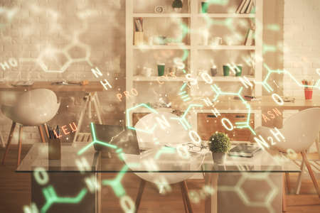 Double exposure of formulas drawing and office interior background. Concept of education.の写真素材