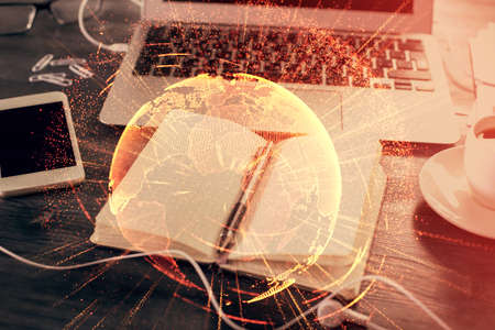 Double exposure of social network theme drawings and desk with open notebook background. Concept of people connectionの写真素材