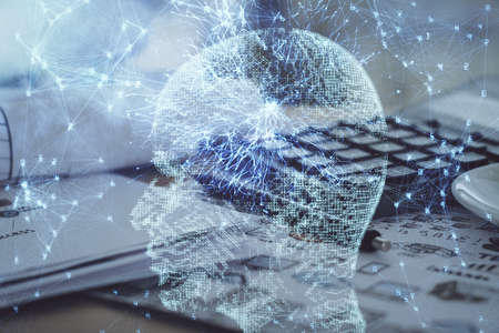 Multi exposure of brain drawings and desk with open notebook background. Concept of AI