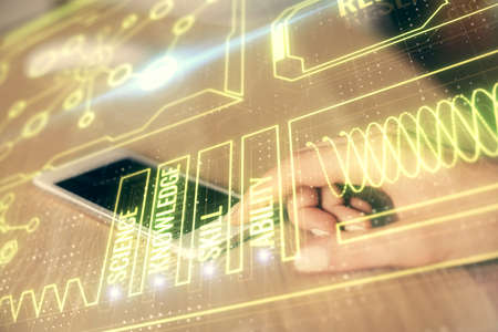 Double exposure of education theme sketch hologram and woman holding and using a mobile device.