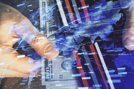 Double exposure of technology drawing hologram and us dollars bills and man hands. Data conceptの写真素材