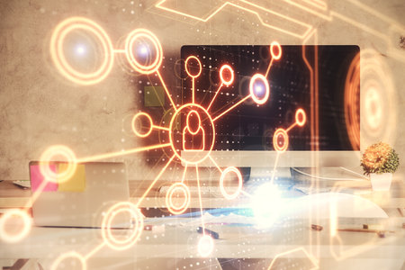 Double exposure of social network theme drawing and office interior background. Concept of web.