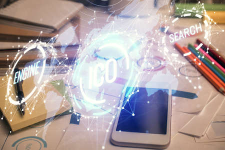 Double exposure of blockchain theme drawing and cell phone background. Concept of cryptomarketの写真素材