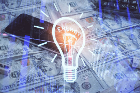 Double exposure of light bulb drawing over usa dollars bill background. Concept of idea.の写真素材