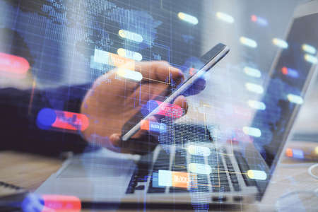 Multi exposure of man's hands holding and using a digital device and data theme drawing. Innovation...