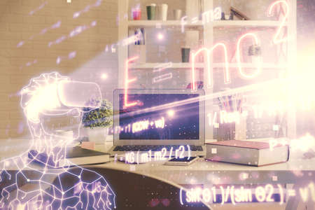 Double exposure of formulas drawing and office interior background. Concept of education.