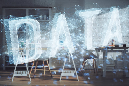Multi exposure of data theme drawing and office interior background. Concept of technology.の写真素材