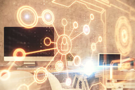Double exposure of social network theme drawing and office interior background. Concept of web.