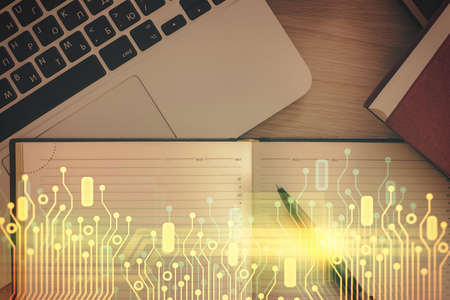 Multi exposure of data theme drawing hologram over topview work desk background with computer....