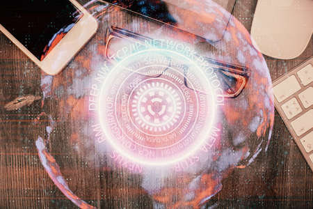 Multi exposure of technology theme drawing over table with phone. Top view. Concept of hightech.の写真素材