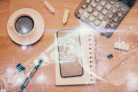 Multi exposure of technology theme drawing over table with phone. Top view. Concept of hightech.の写真素材