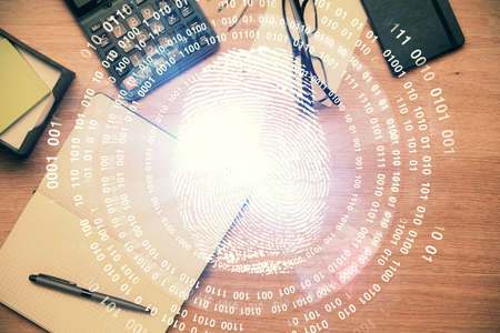 Double exposure of finger print drawing and work table top veiw. Concept of security.の写真素材