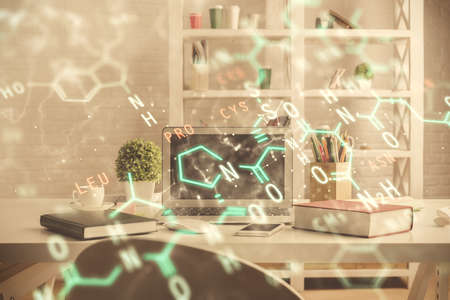 Double exposure of formulas drawing and office interior background. Concept of education.の写真素材